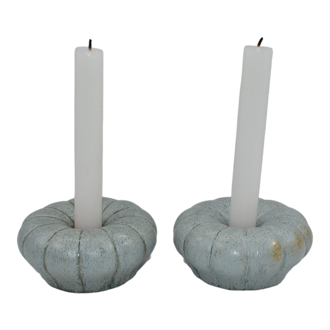 Amaco American Art Clay 1930s Pottery Matte Green Metallic Gray Candle Holders - Just Art Pottery