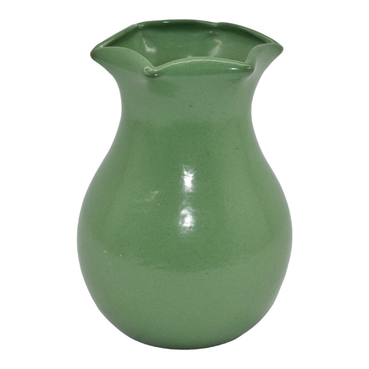 American Vintage Art Pottery Matte Green Folded Rim Bulbous Ceramic Vase