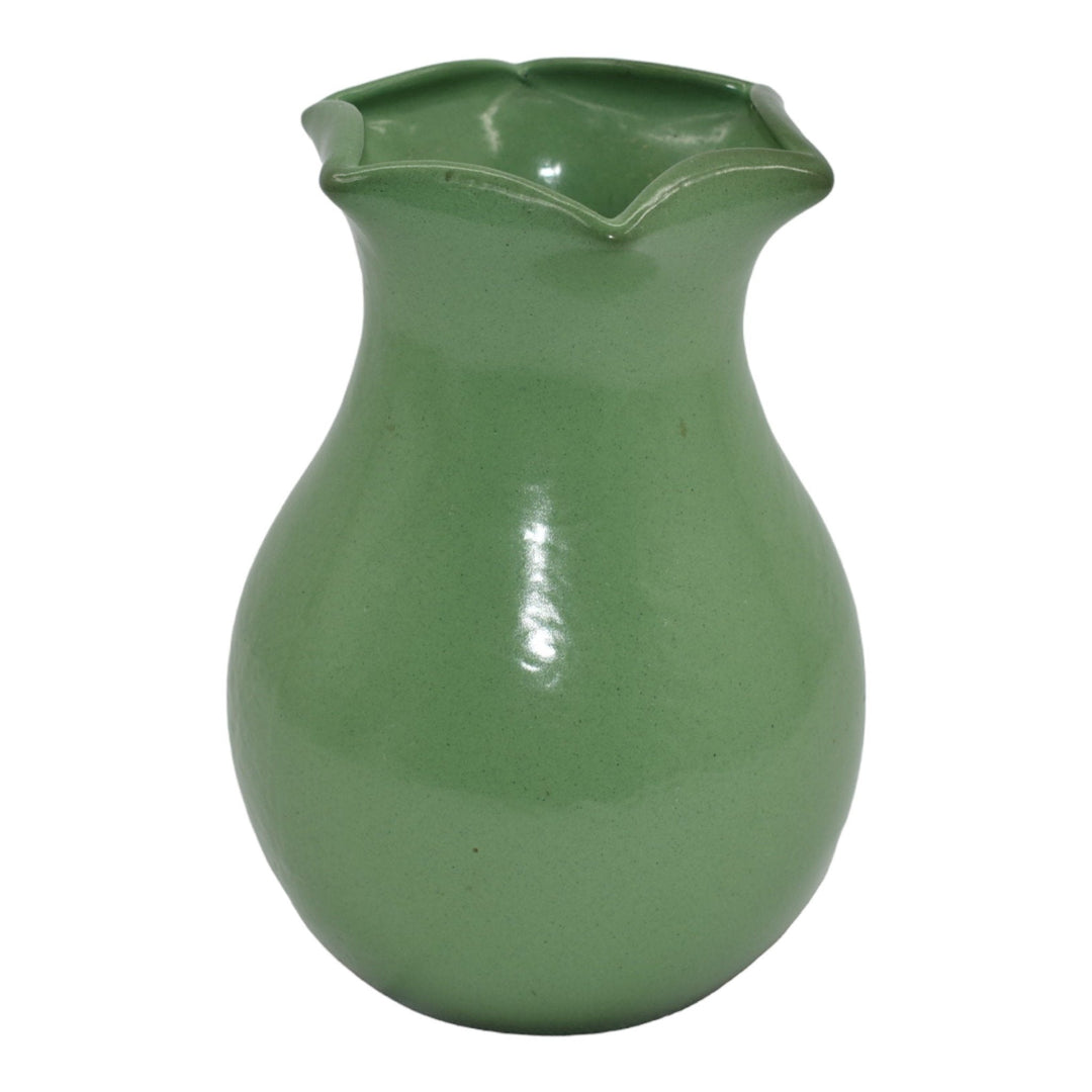 American Vintage Art Pottery Matte Green Folded Rim Bulbous Ceramic Vase