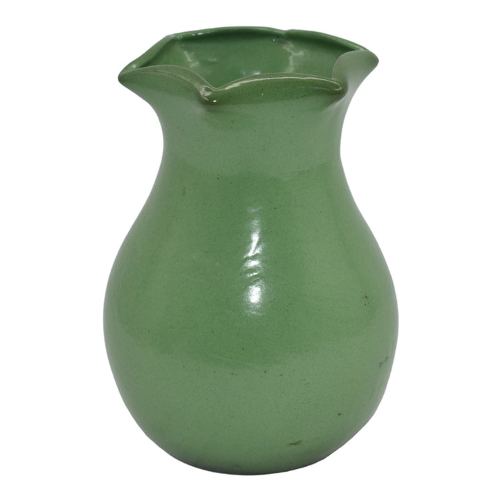 American Vintage Art Pottery Matte Green Folded Rim Bulbous Ceramic Vase