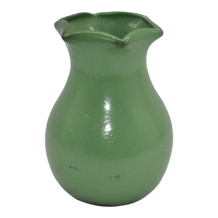 American Vintage Art Pottery Matte Green Folded Rim Bulbous Ceramic Vase