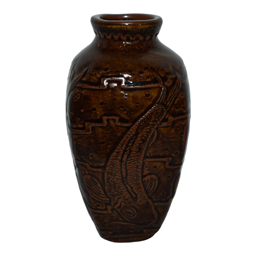 Common Ground Eric Olson Hand Made Studio Pottery Brown Koi Fish 7" Vase