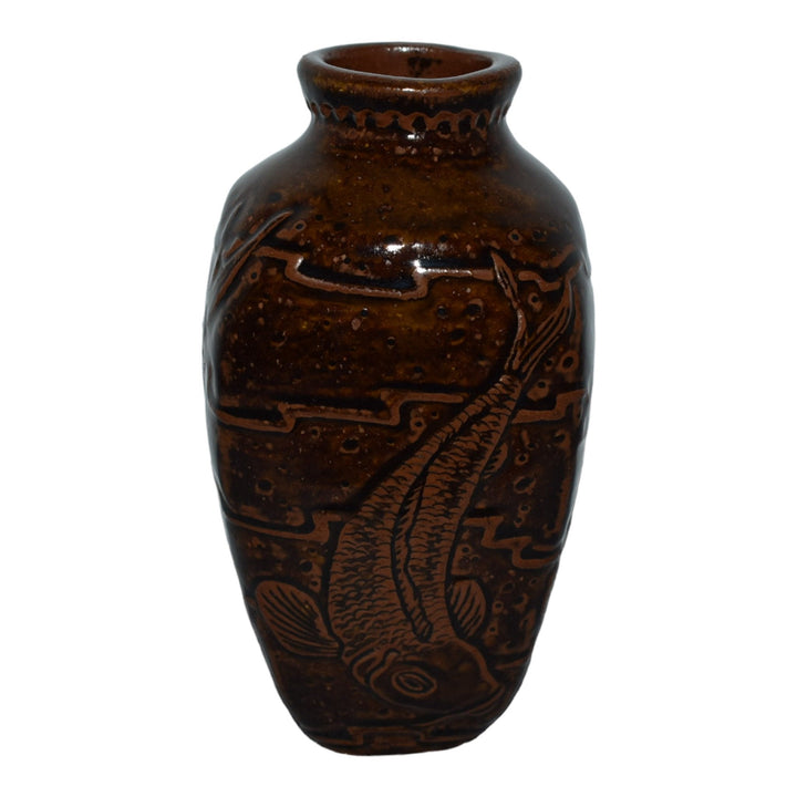 Common Ground Eric Olson Hand Made Studio Pottery Brown Koi Fish 7" Vase