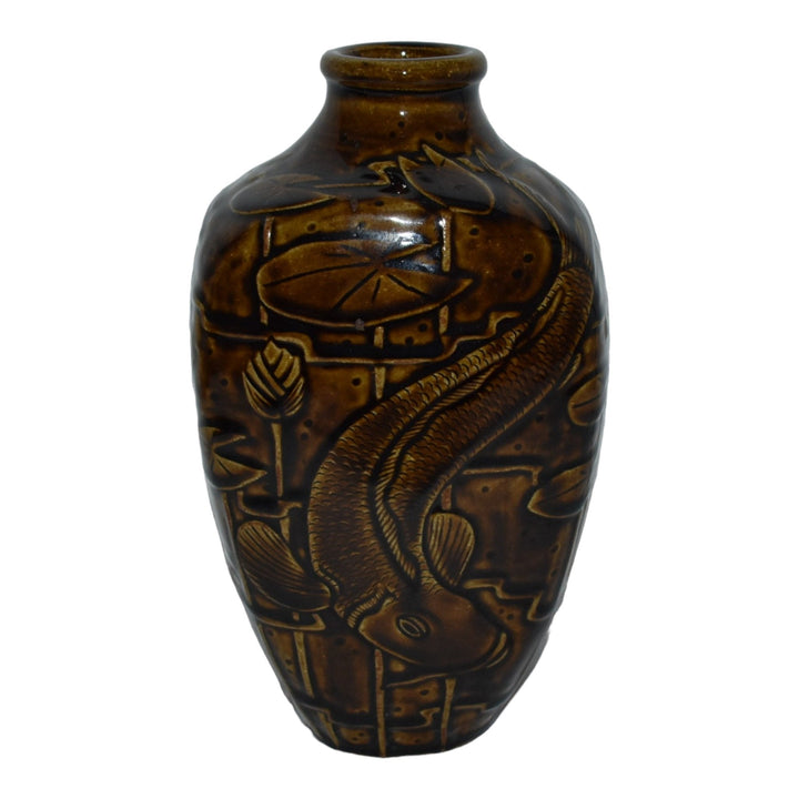 Common Ground Eric Olson Hand Made Studio Pottery Brown Koi Lily Pad 9" Vase