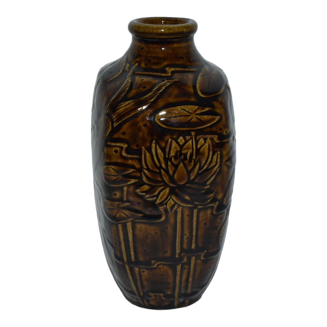 Common Ground Eric Olson Hand Made Studio Pottery Brown Koi Lily Pad 9" Vase