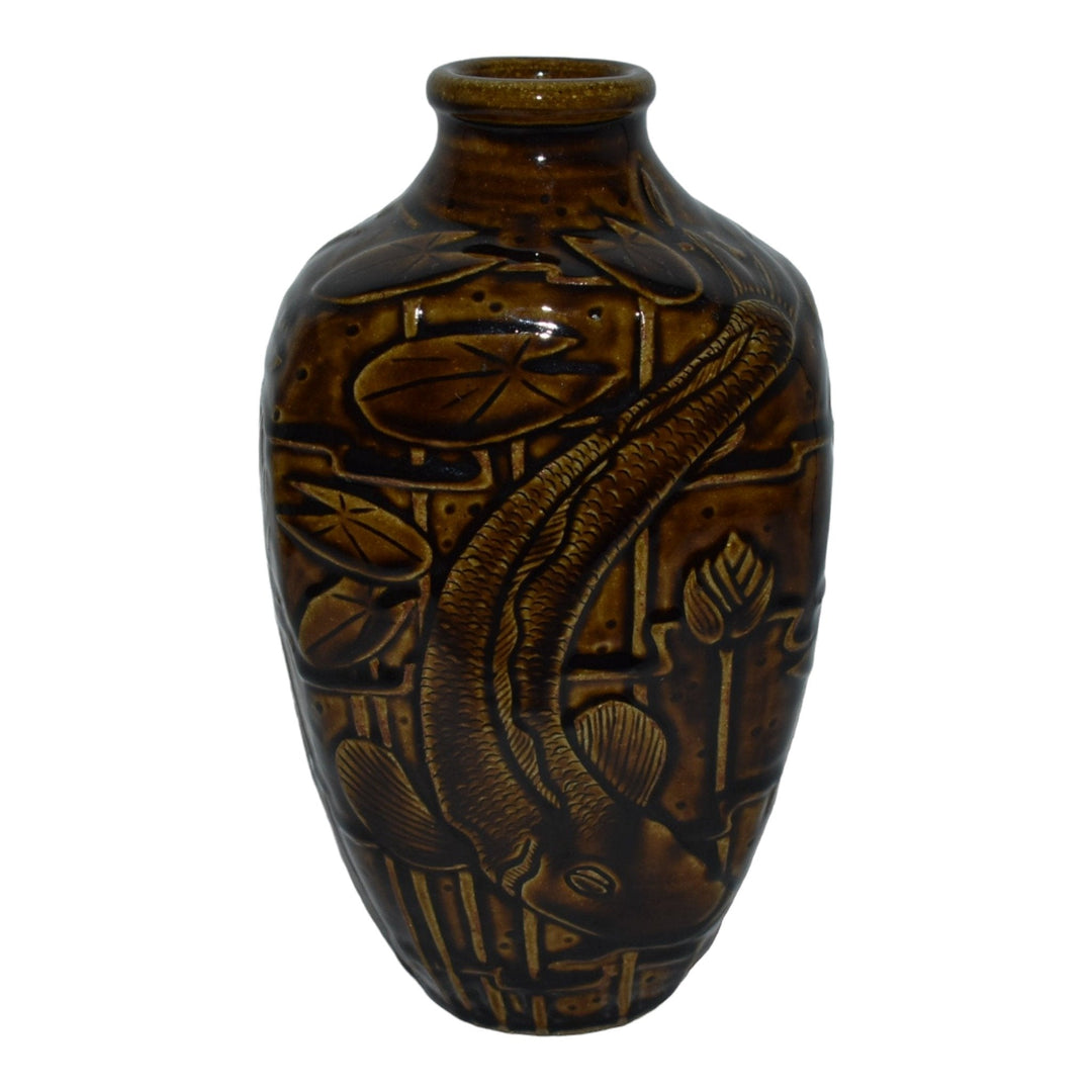 Common Ground Eric Olson Hand Made Studio Pottery Brown Koi Lily Pad 9" Vase