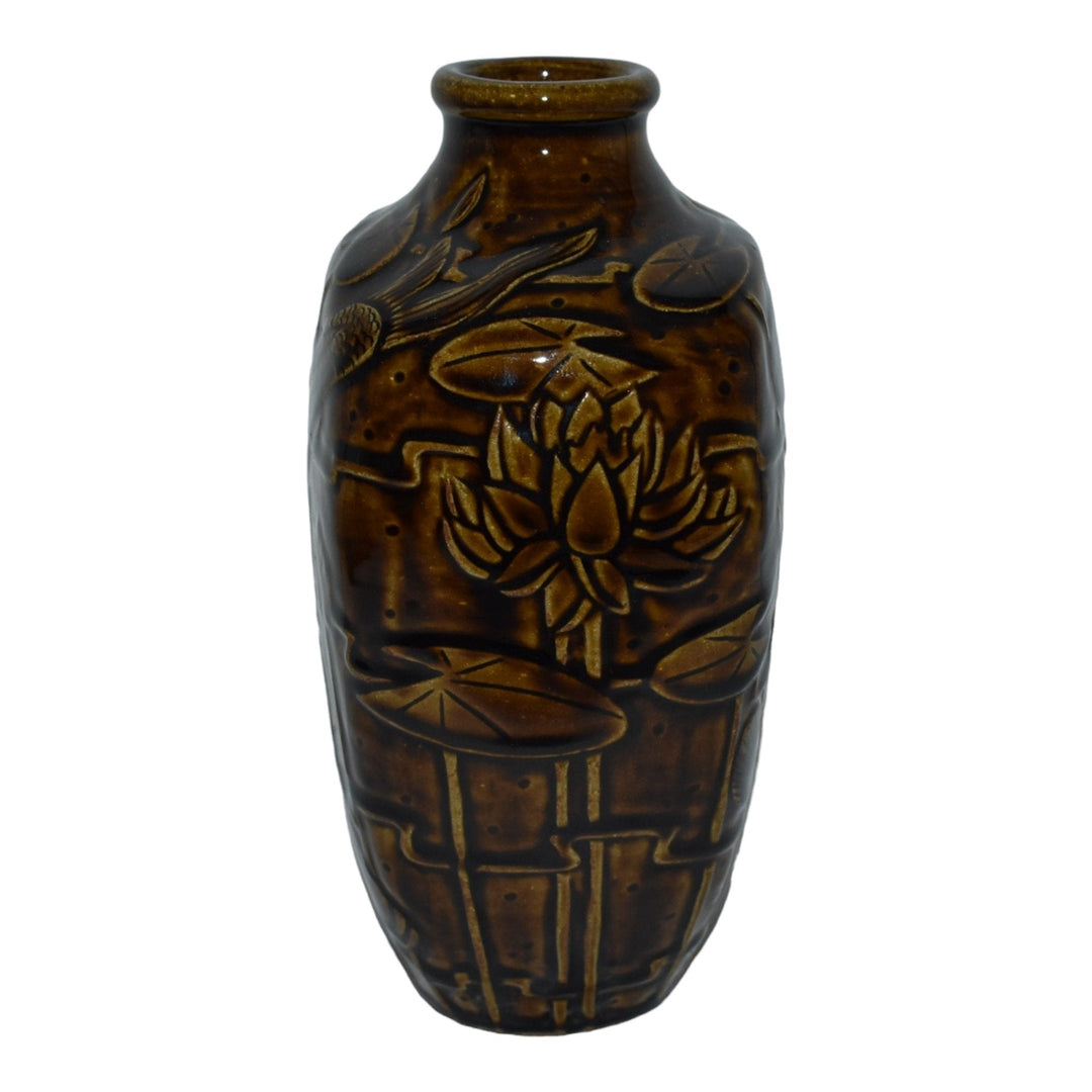 Common Ground Eric Olson Hand Made Studio Pottery Brown Koi Lily Pad 9" Vase