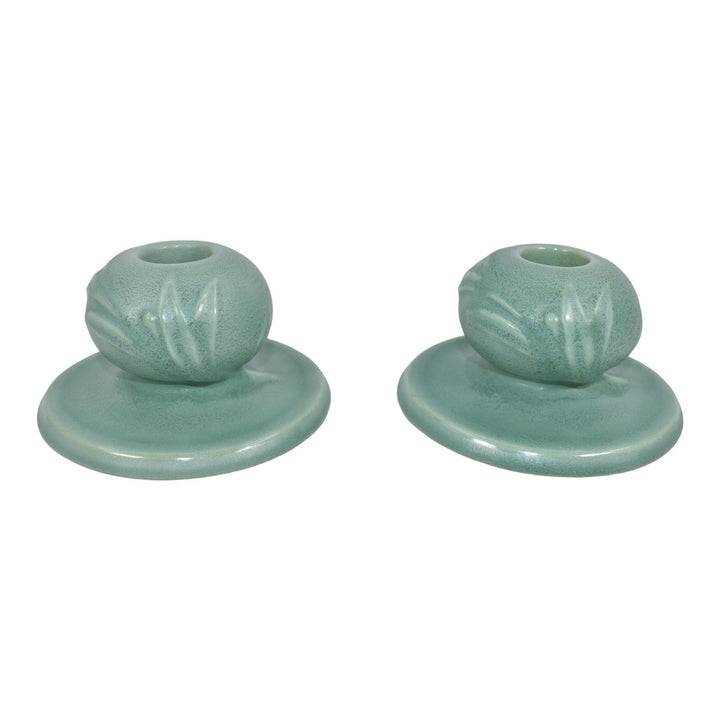 Roseville Crystal Green 1939 Art Deco Pottery Ceramic Candle Holders 1114