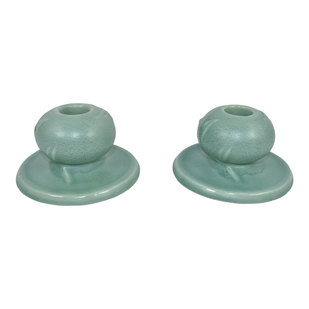Roseville Crystal Green 1939 Art Deco Pottery Ceramic Candle Holders 1114
