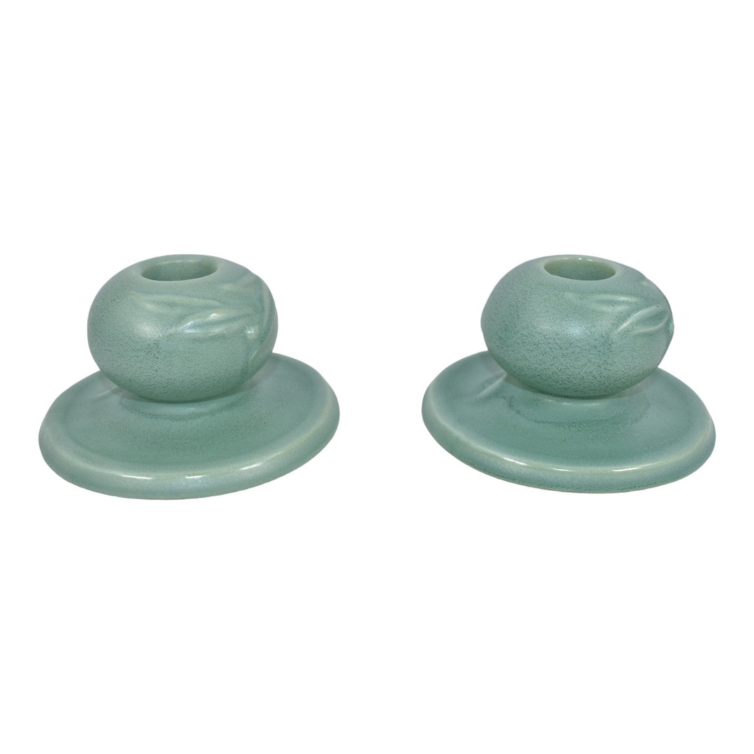 Roseville Crystal Green 1939 Art Deco Pottery Ceramic Candle Holders 1114