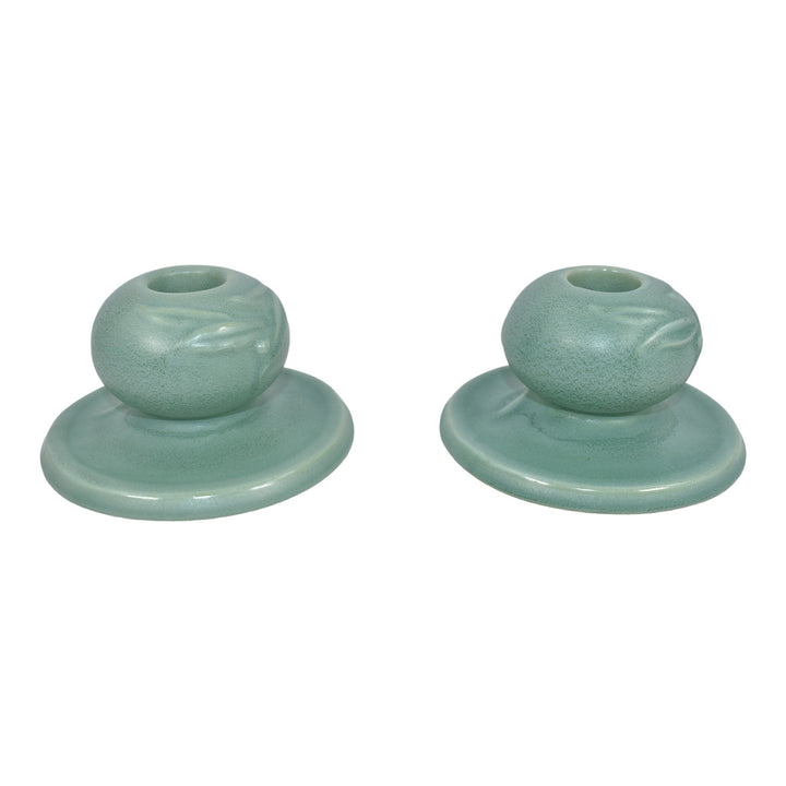 Roseville Crystal Green 1939 Art Deco Pottery Ceramic Candle Holders 1114