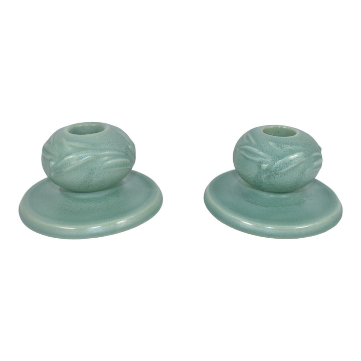 Roseville Crystal Green 1939 Art Deco Pottery Ceramic Candle Holders 1114