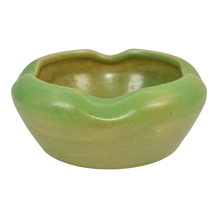 American Vintage Art Deco Pottery Matte Green Pinched Rim Ceramic Bowl