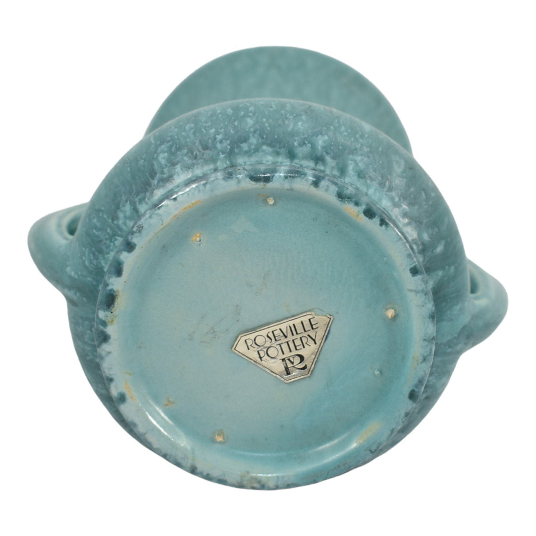 Roseville Tourmaline 1933 Art Deco Pottery Mottled Blue Handled Vase 332-8