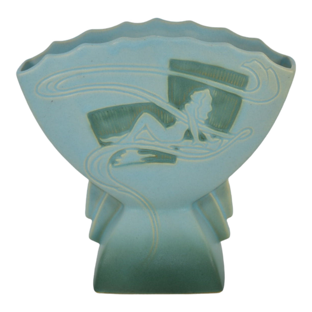 Roseville Silhouette Blue 1950 Mid Century Modern Pottery Nude Fan Vase 783-7
