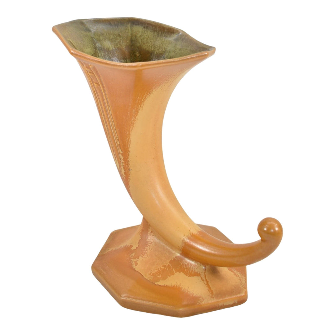 Roseville Russco Orange Gold 1934 Vintage Pottery Ceramic Vase Cornucopia 110-8 - Just Art Pottery