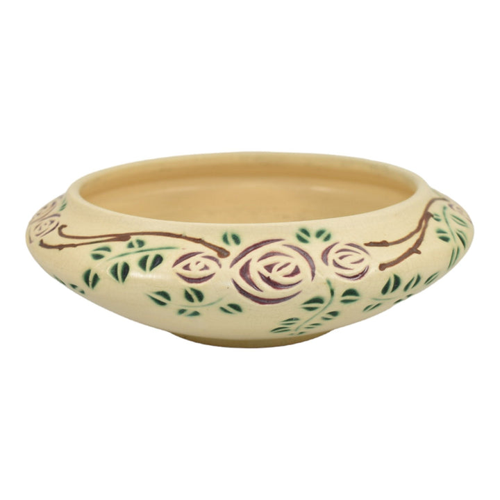 Roseville Velmoss Scroll 1916 Arts And Crafts Pottery Ceramic Flower Bowl 118-6 - Just Art Pottery