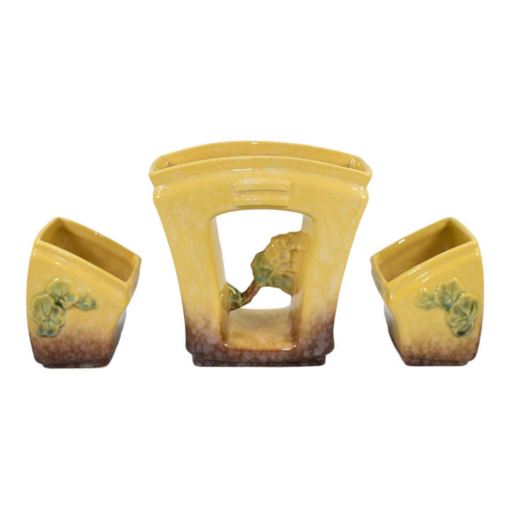 Roseville Artwood Yellow 1951 Art Pottery Three Piece Planter Set 1051 And 1050
