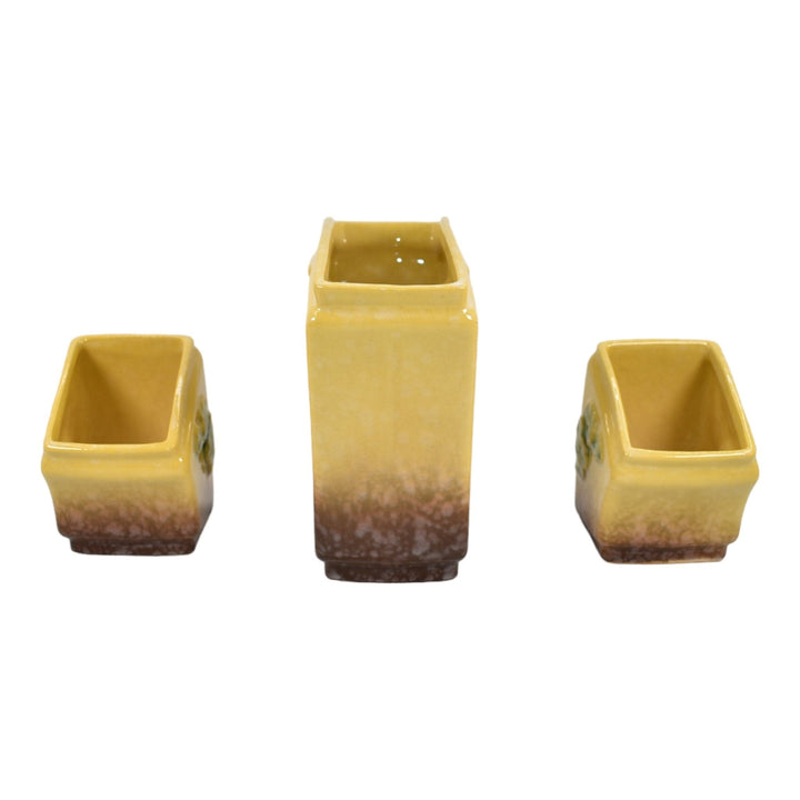 Roseville Artwood Yellow 1951 Art Pottery Three Piece Planter Set 1051 And 1050