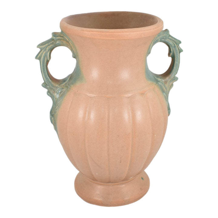 McCoy 1932 Vintage Pottery Matte Brown And Green Handled Large Ceramic Vase 45 - Just Art Pottery