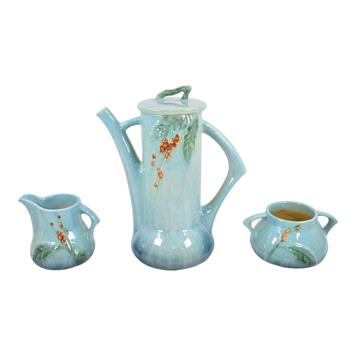 Roseville Wincraft Blue 1948 Art Pottery Teapot Sugar Bowl Creamer Tea Set 250