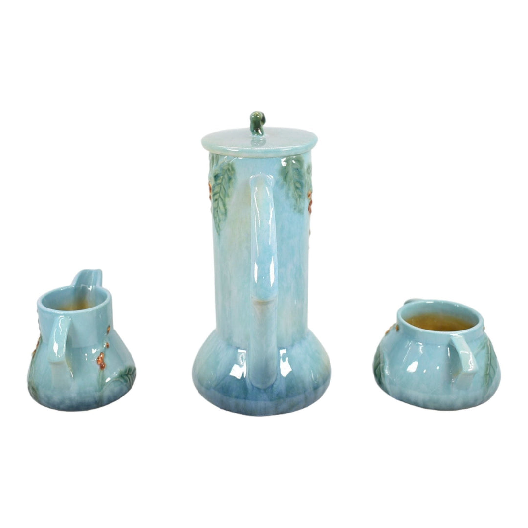 Roseville Wincraft Blue 1948 Art Pottery Teapot Sugar Bowl Creamer Tea Set 250 - Just Art Pottery