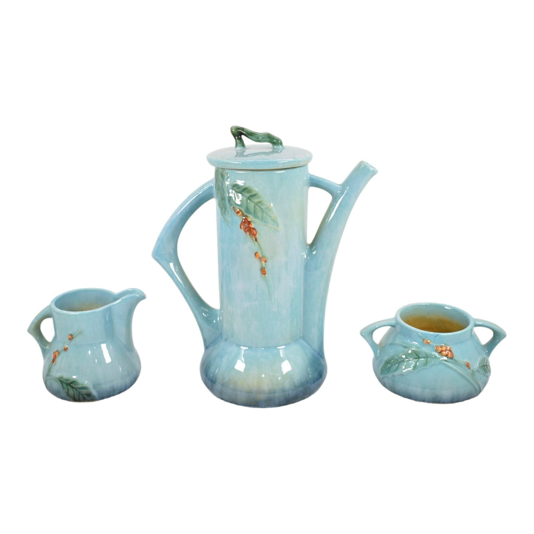 Roseville Wincraft Blue 1948 Art Pottery Teapot Sugar Bowl Creamer Tea Set 250 - Just Art Pottery