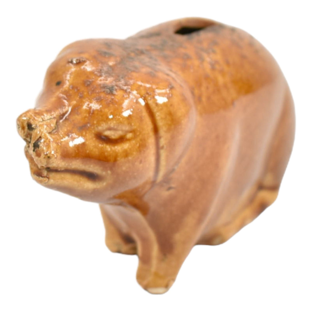 American Vintage Antique Pottery Figural Pig Brown Ceramic Stoneware Coin Bank
