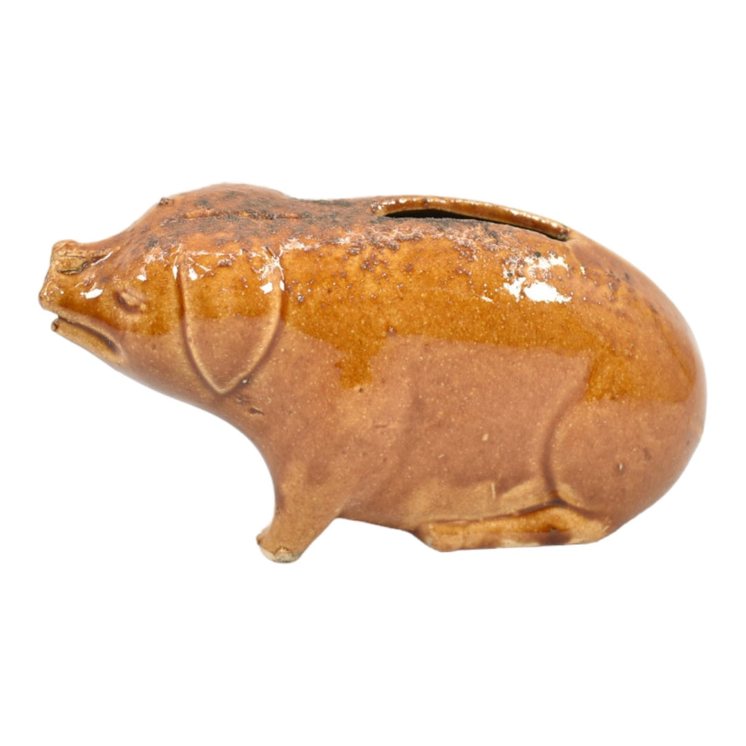 American Vintage Antique Pottery Figural Pig Brown Ceramic Stoneware Coin Bank