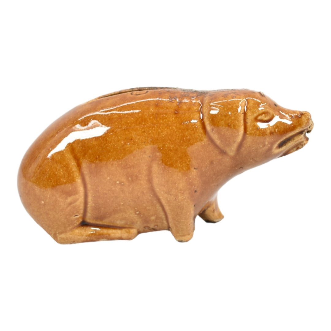 American Vintage Antique Pottery Figural Pig Brown Ceramic Stoneware Coin Bank