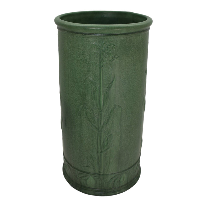 Weller Matte Green 1910s Vintage Pottery Stalks Of Corn Ceramic Umbrella Stand - Just Art Pottery