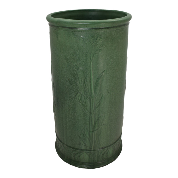 Weller Matte Green 1910s Vintage Pottery Stalks Of Corn Ceramic Umbrella Stand - Just Art Pottery