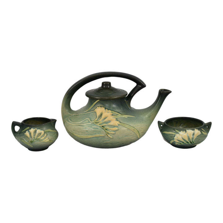 Roseville Freesia Green 1945 Art Pottery Teapot, Sugar Bowl, Creamer Tea Set 6 - Just Art Pottery