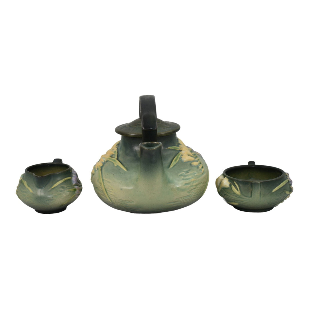 Roseville Freesia Green 1945 Art Pottery Teapot, Sugar Bowl, Creamer Tea Set 6 - Just Art Pottery