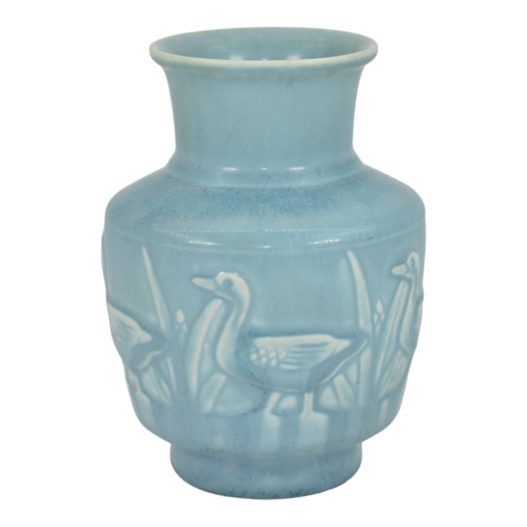 Rookwood 1943 Mid Century Modern Pottery Geese Landscape Matte Blue Vase 6547