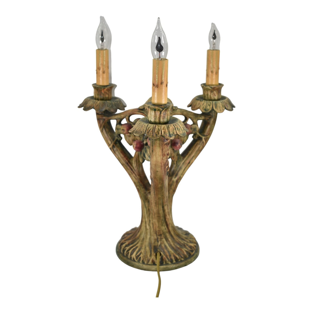 Weller Woodcraft 1920s Vintage Art Pottery Red Apple Ceramic Candelabra Lamp