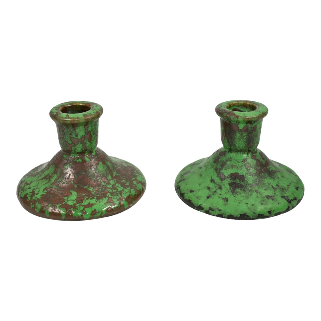 Weller Coppertone 1920s Vintage Arts and Crafts Pottery Green Candle Holders