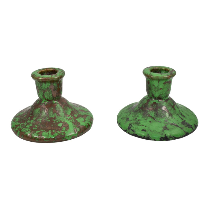 Weller Coppertone 1920s Vintage Arts and Crafts Pottery Green Candle Holders