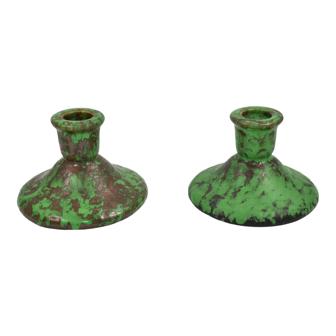 Weller Coppertone 1920s Vintage Arts and Crafts Pottery Green Candle Holders