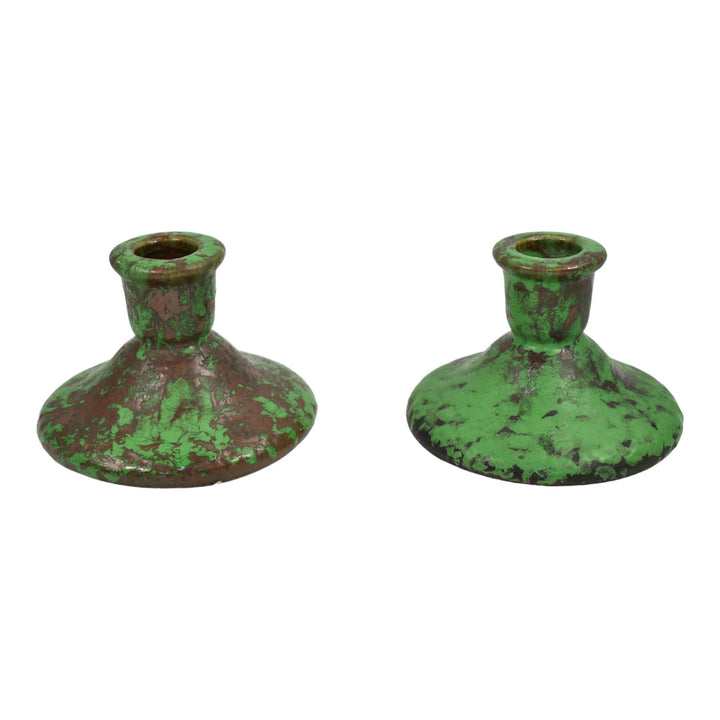 Weller Coppertone 1920s Vintage Arts and Crafts Pottery Green Candle Holders