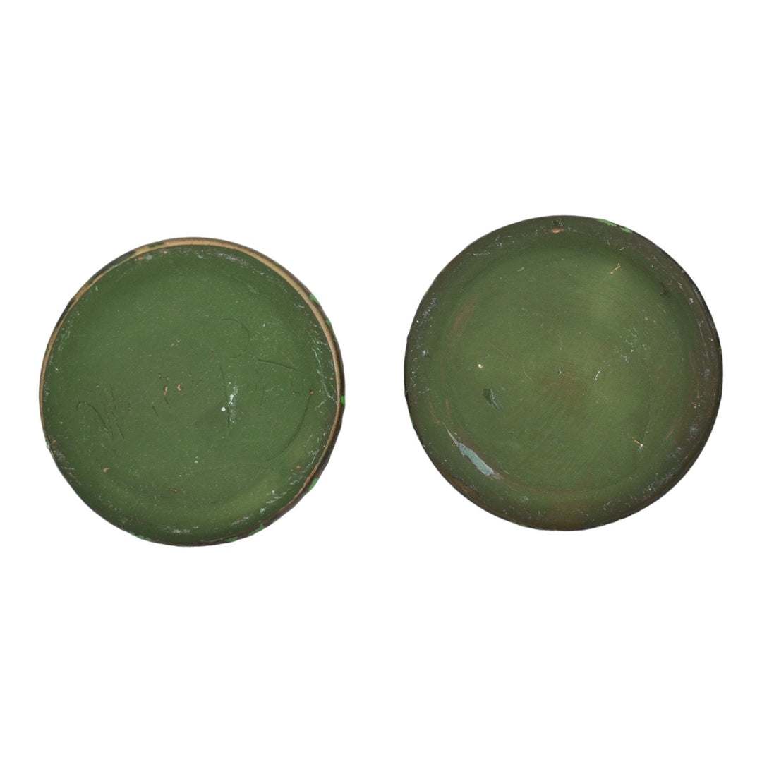 Weller Coppertone 1920s Vintage Arts and Crafts Pottery Green Candle Holders