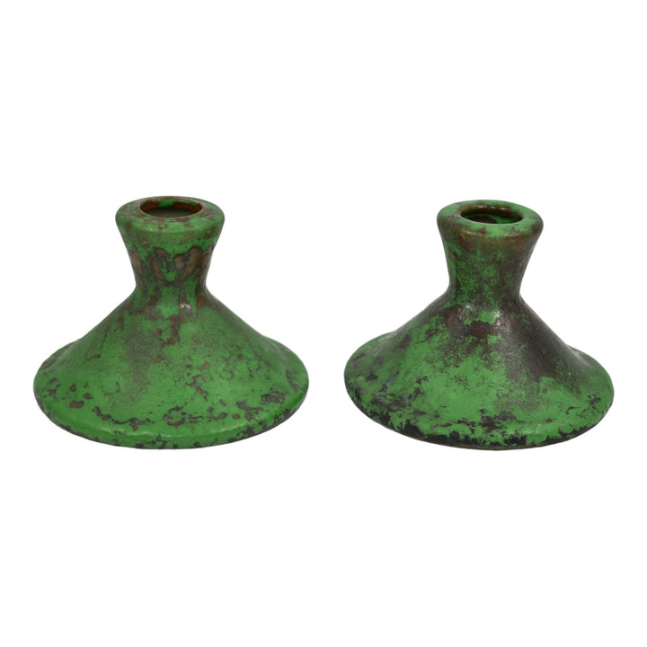Weller Coppertone 1920s Vintage Arts and Crafts Pottery Green Candle Holders