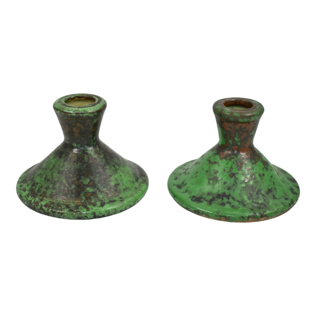 Weller Coppertone 1920s Arts and Crafts Pottery Green Ceramic Candle Holders