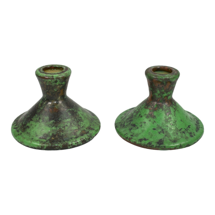 Weller Coppertone 1920s Arts and Crafts Pottery Green Ceramic Candle Holders