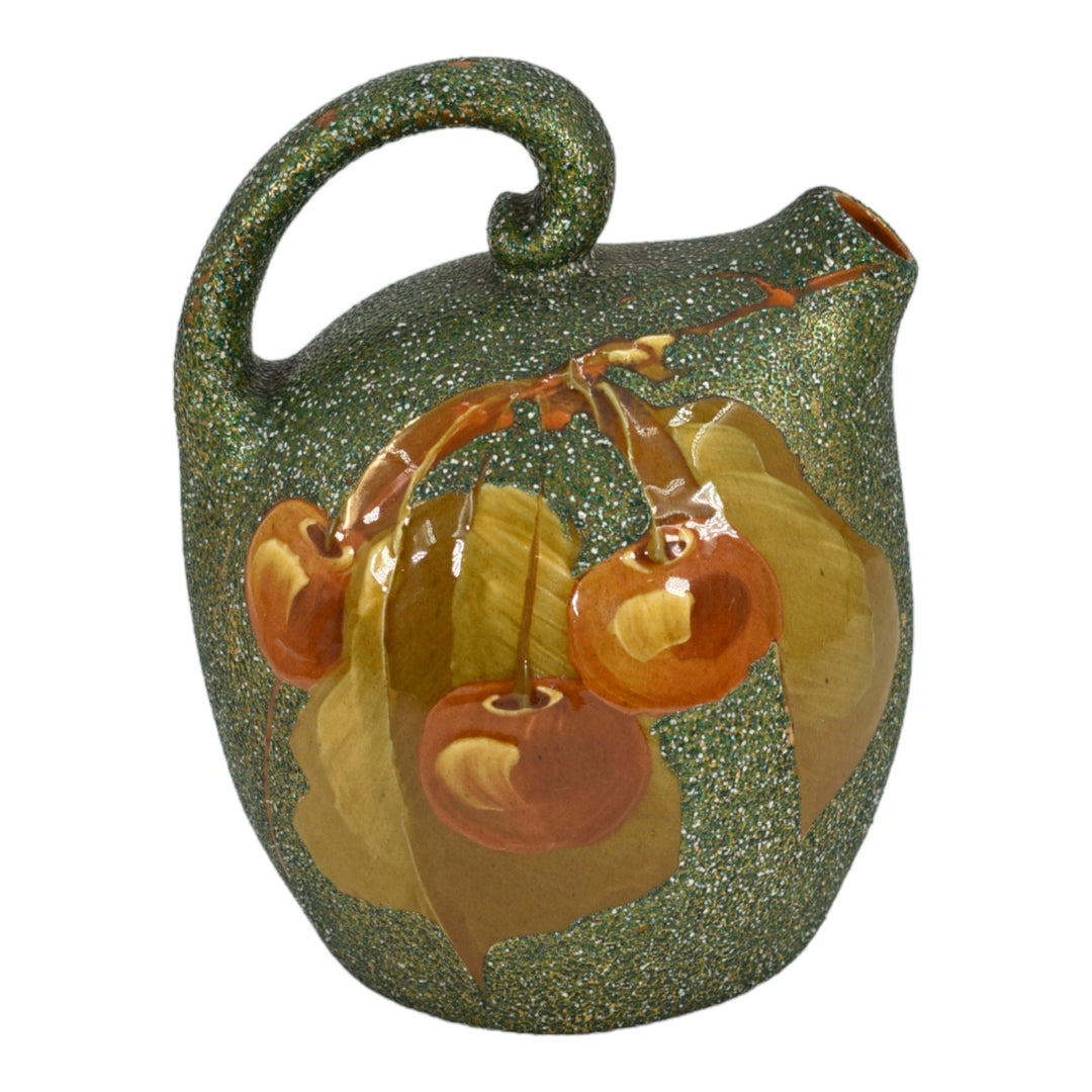 Owens Opalesce Utopian 1900 Vintage Art Pottery Cherries Green Ceramic Jug