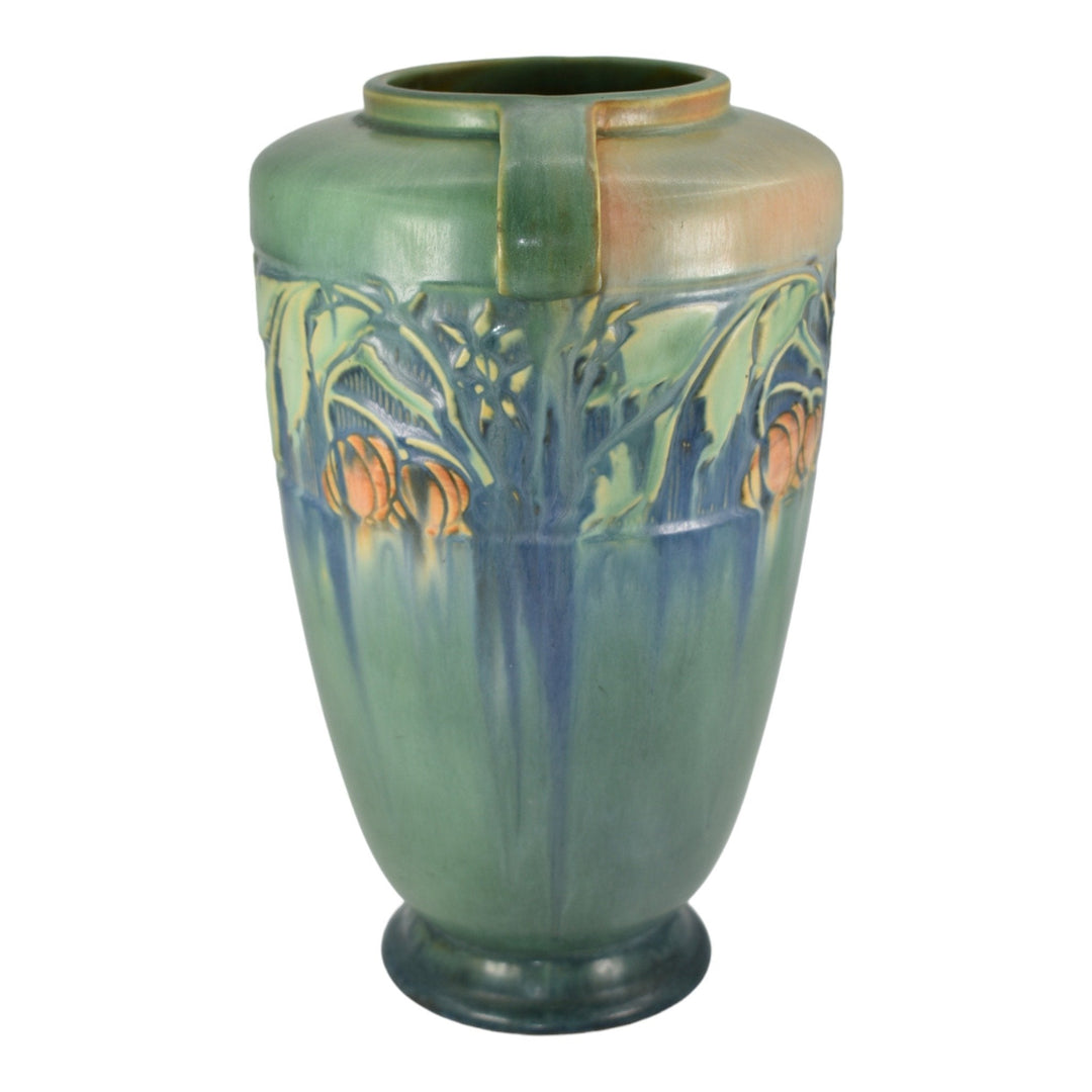 Roseville Baneda Green 1932 Vintage Arts And Crafts Handled Ceramic Vase 599-12 - Just Art Pottery