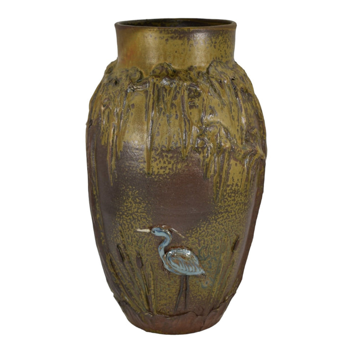 Door Studio Pottery 2019 Hand Made Egret In Marsh Wood Ash Glaze Ceramic Vase