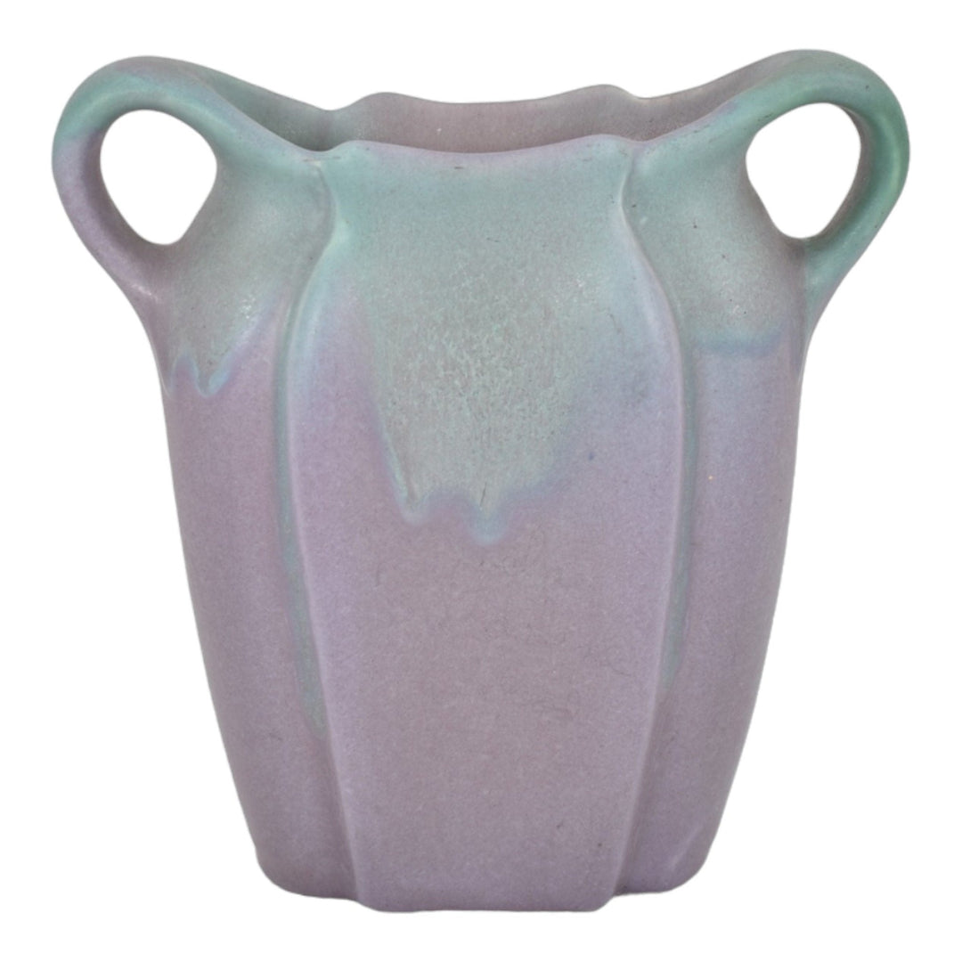 Muncie 1920s Art Deco Pottery Matte Green Over Purple Handled Pillow Vase 192-6