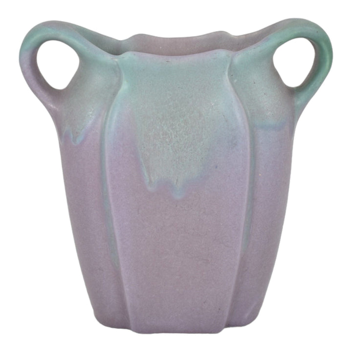 Muncie 1920s Art Deco Pottery Matte Green Over Purple Handled Pillow Vase 192-6