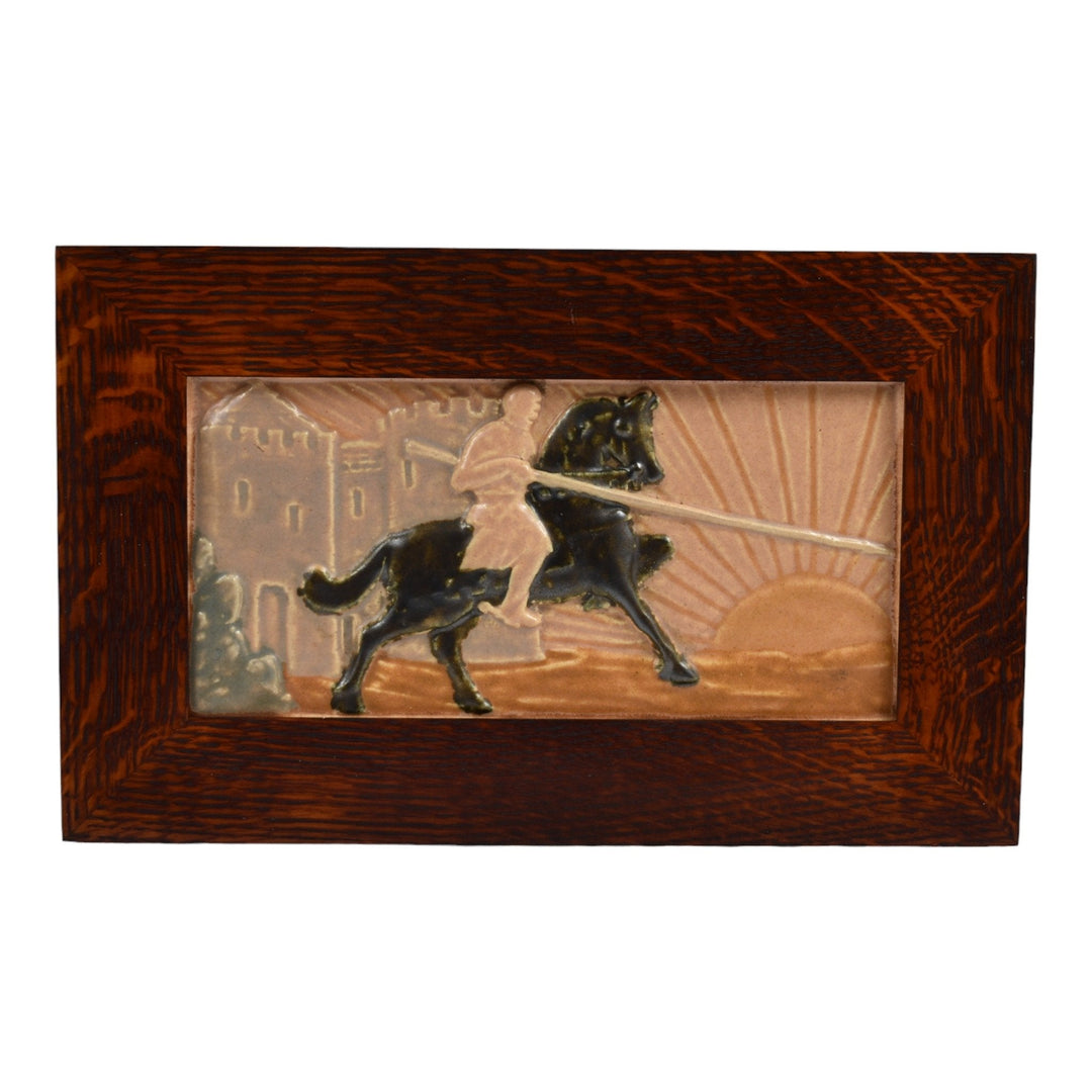 California Art Tile Company 1920s Pottery Knight On Horse By Castle Framed Tile